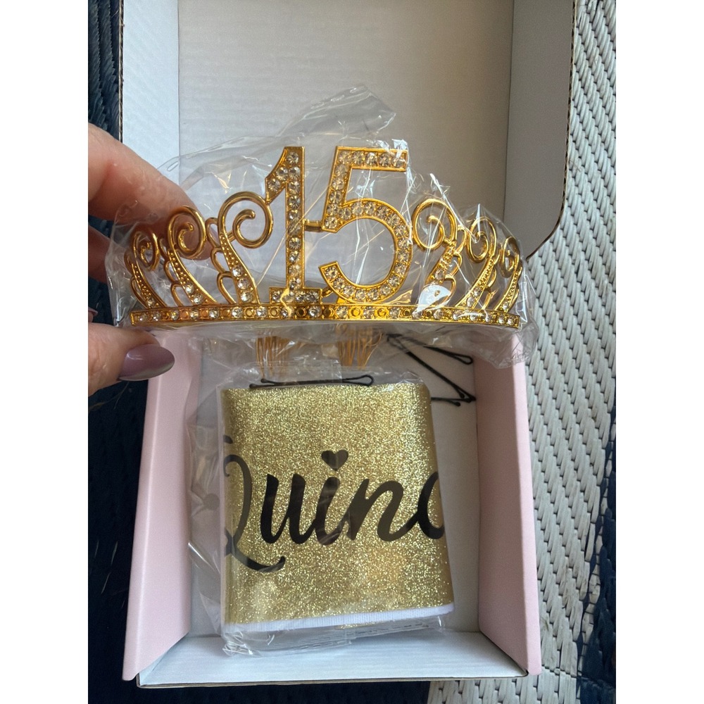 Gold 15th Birthday Tiara and Mis Quince 15 Sash Set Rhinestone Quinceanera - Picture 2 of 2